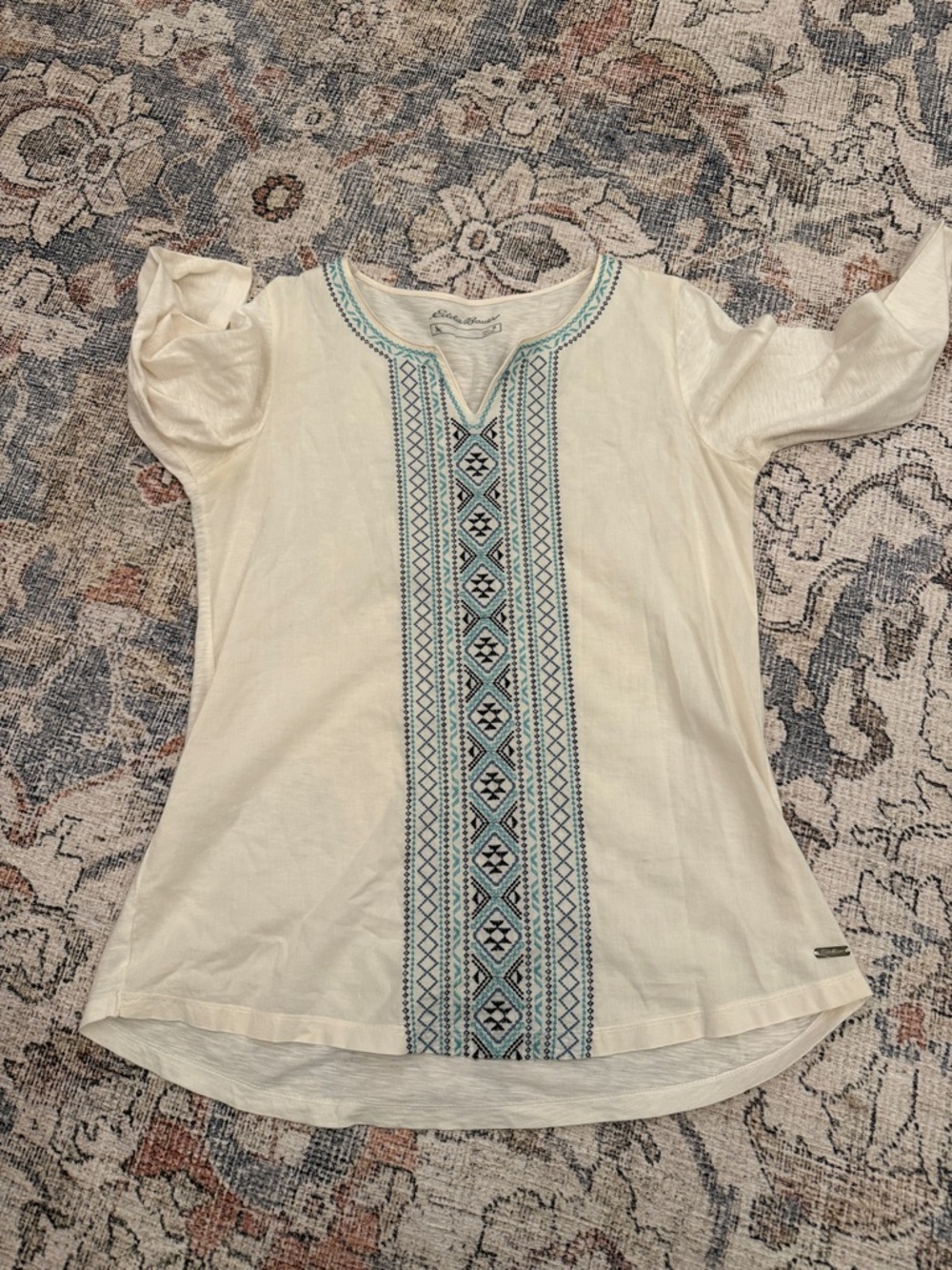Eddie Bauer Cream Tunic Top with Blue Embroidered Trim
